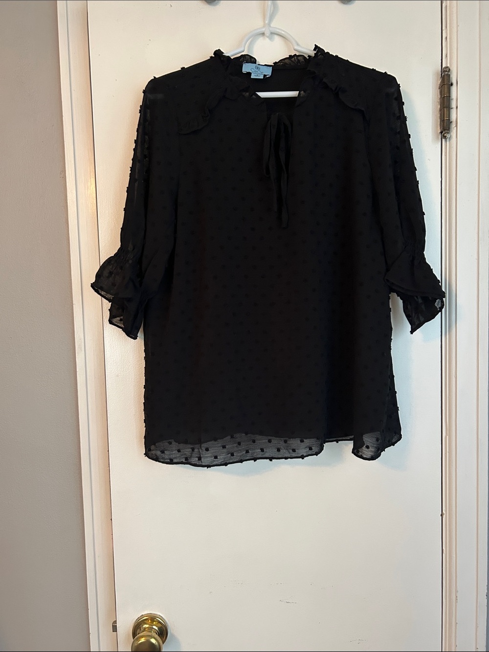CeCe Black Swiss Dot Tie-Neck Blouse